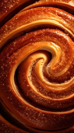 An enticing close-up from the top view of a delicious cinnamon bun.の素材