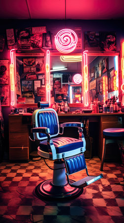 Cool vibes in a male barber shop illuminated by neon lights.の素材