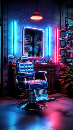 Neon lights create a stylish and cool atmosphere in the male barber studio.の素材