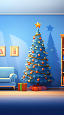 Simple and cartoonish room adorned in blue, featuring a Christmas tree.の素材