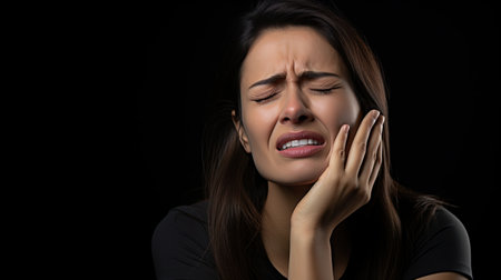 Woman expressing common tooth pain symptoms against a white background.の素材