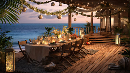 A tasteful and straightforward New Year's party set on a terrace with a tropical beach backdrop.の素材
