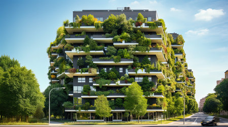 Sustainable Urban Forests:Images of urban landscapes with vertical gardens and green spaces on buil.の素材