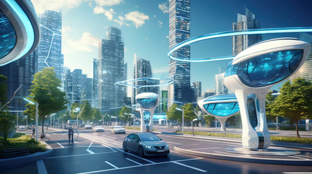 Smart Cities with Autonomous Transportation: Picture of a city with high-tech buildings, efficient.の素材
