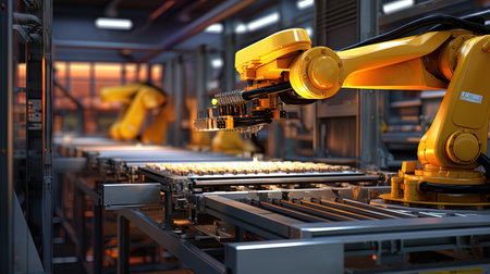 Automation systems in production: robots in factories.の素材