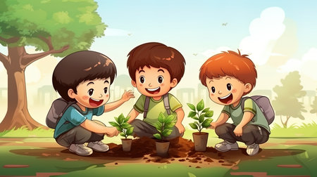 Children teach peers to plant trees in a city park.の素材