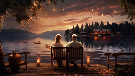 Romantic getaway for two: an old couple on the lake.の素材