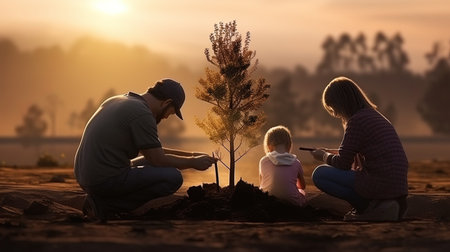 Family planting a tree as a sign of rebuilding after the fires.の素材