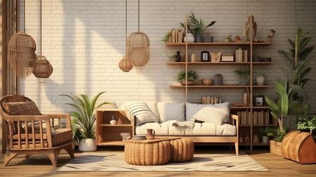Furniture made of natural materials: a living room with wooden furniture, wicker accessories and te.の素材