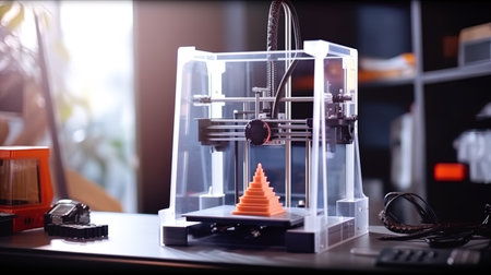 A 3D printer creating a plastic part on the desktop.の素材