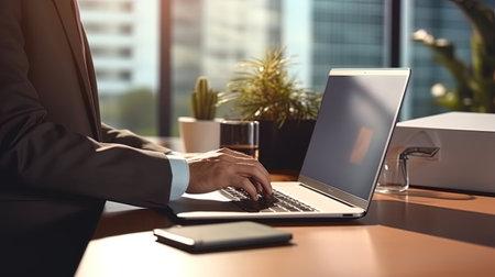 A business person printing on a laptop keyboard in the office.の素材
