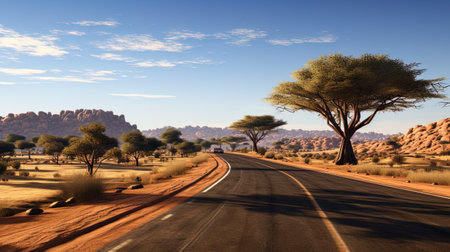 Desert roads in a savannah with trees along the highway.の素材