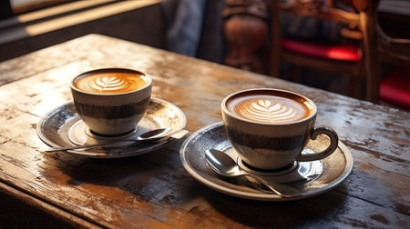 A couple of cups of coffee on an old table in a cafe.の素材