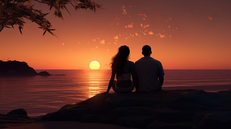 A couple sitting on the beach and looking at the sunset.の素材