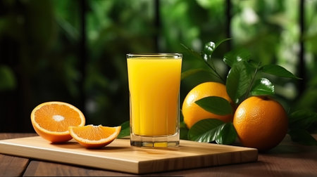A glass of freshly squeezed orange juice on a wooden board.の素材