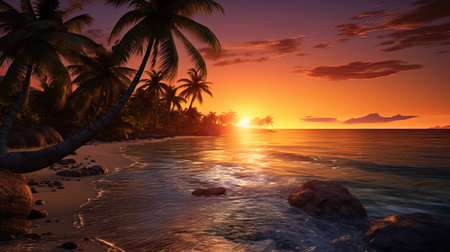Ostrovsky Dawn: Dawn over the tropical island with palm trees and ocean.の素材