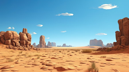 Desert landscape: an endless desert with stone formations and a blue sky.の素材