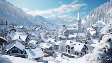 Alpine city: a city located in the mountains, with roofs covered with snow.の素材