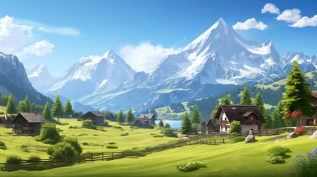 A typical village in the Alps, surrounded by meadows and mountains.の素材