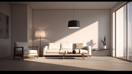 Minimalism: a spacious living room with minimalist furniture and light shades.の素材