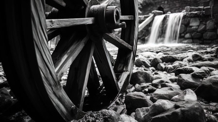 Black and white frame of an old mill wheel.の素材