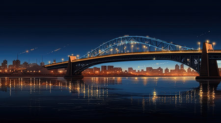 Bridge over the river: view of a bridge sparkling with lights in a night city.の素材