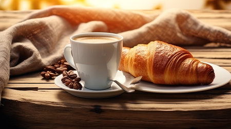 Classic French breakfast with coffee and croissants.の素材