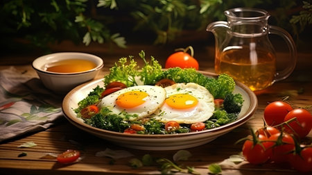 Breakfast with eggs, vegetables and green tea.の素材