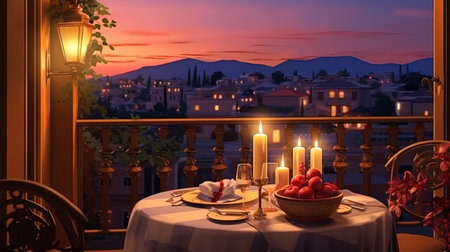 A romantic dinner together on the balcony with candles and wine.の素材