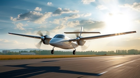 An electric plane that takes off from the airfield.の素材