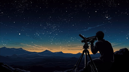 Astronomical observation: an astronomer, looking at the telescope, an image of a starry sky and pla.の素材