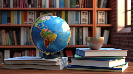 Globe and books: a combination of a globe and books can symbolize world education and cultural dive.の素材
