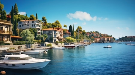 Channel in the city with boats and houses along the coast.の素材