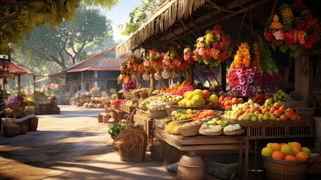 Local market with traditional street food and flowers.の素材