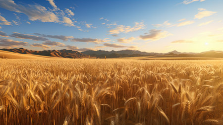 Golden fields: wheat or barley fields, ready for cleaning, with golden light.の素材