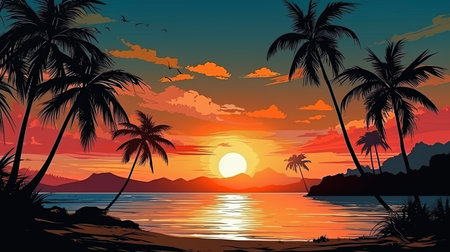 Sunset on a secluded beach, silhouettes of palm trees in front of the sun.の素材