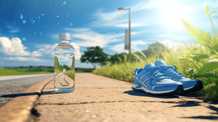 Running path with running shoes and a bottle of water.の素材