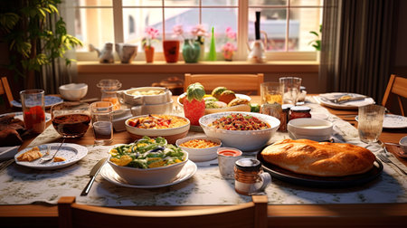 Family dinner with numerous dishes on the table.の素材