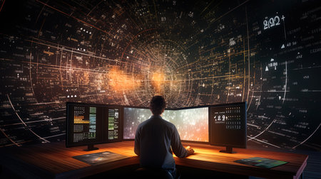 Scientific calculations: scientists using supercomputers for complex mathematical calculations.の素材