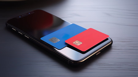 Smartphone and plastic card symbolizing online payments.の素材
