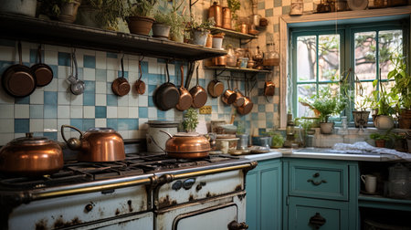 A kitchen with tiles, copper dishes and an old stove.の素材