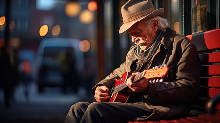 A pensioner sitting on a bench listening to a street musician.の素材