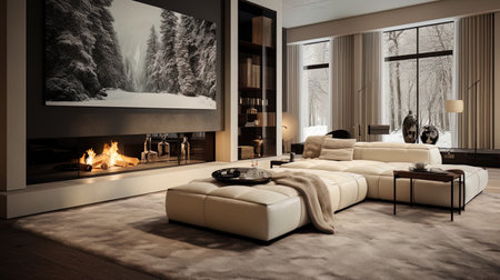 A living room with an artificial fireplace, massive mirrors and soft carpets.の素材