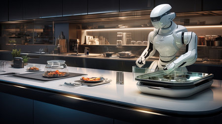 A kitchen with robotic kitchen assistants, an automatic refueling system and adjustable technologic.の素材