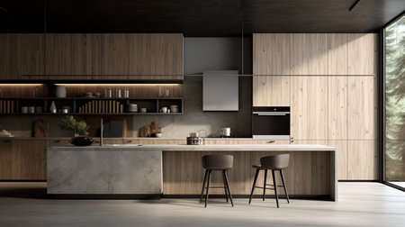 A kitchen with minimalistic forms: functionality without frills.の素材