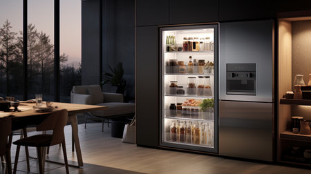 A kitchen with a refrigerator with a product storage camera, a smart cooking system and a touchscre.の素材