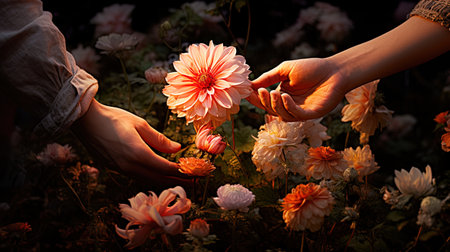 Evening in a flower park, hands and flowers.の素材