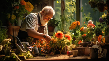 A pensioner from Scandinavia, engaged in gardening on his site.の素材