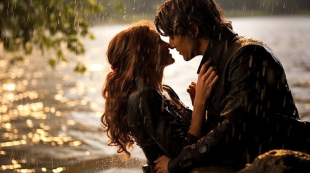 Kisses by the river, bursts of water from happy laughs.の素材