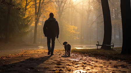 A man with a wand walking around the morning park with obedient dog.の素材